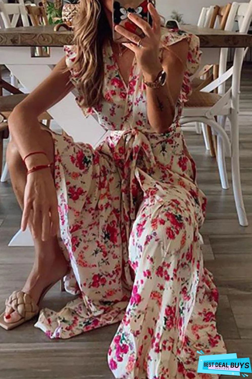 Bohemian Floral Print Cross Front V-Neck Ruffled Maxi Dress