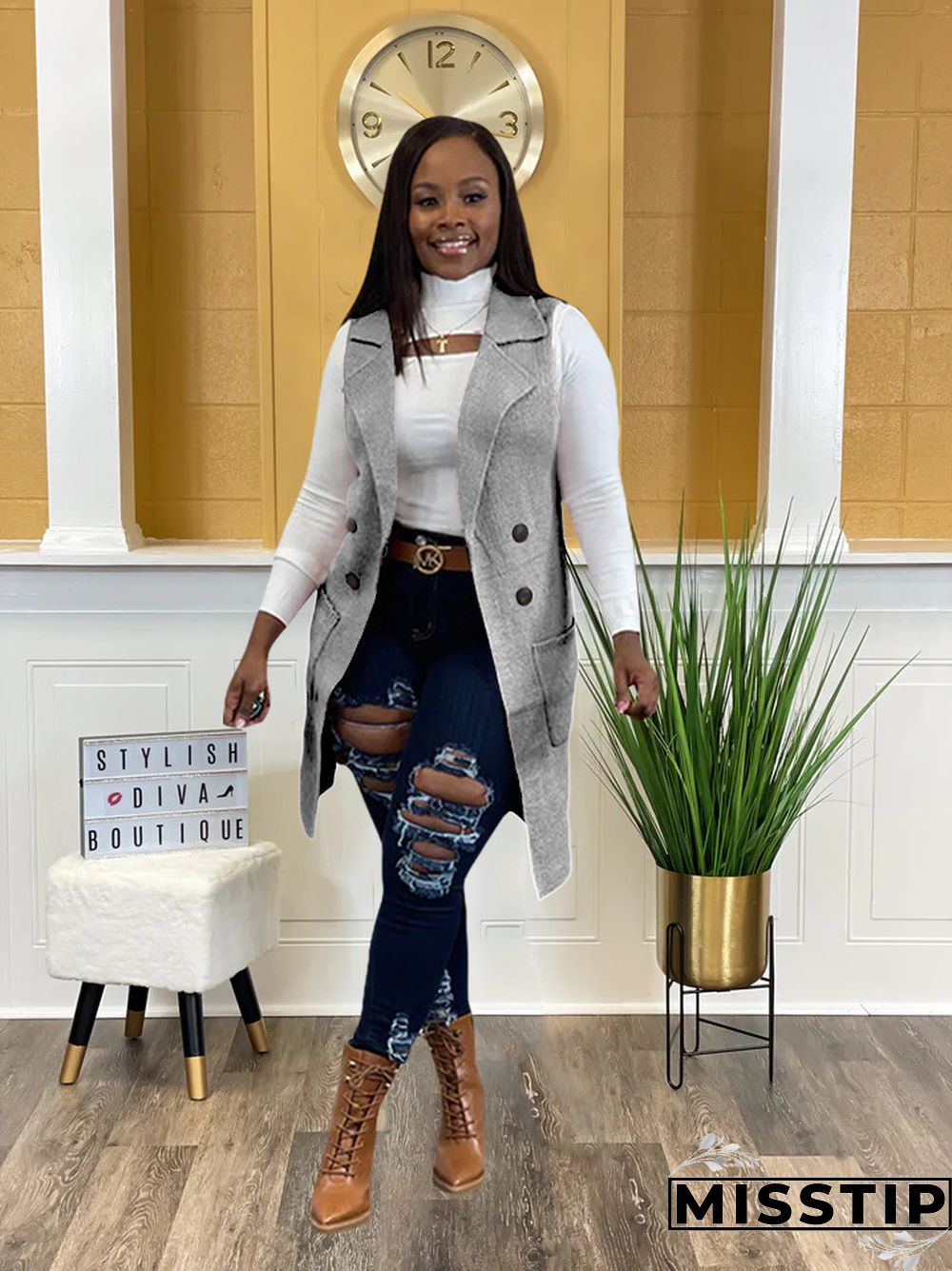 Solid Color Sleeveless knit Sweater Vest Cardigan