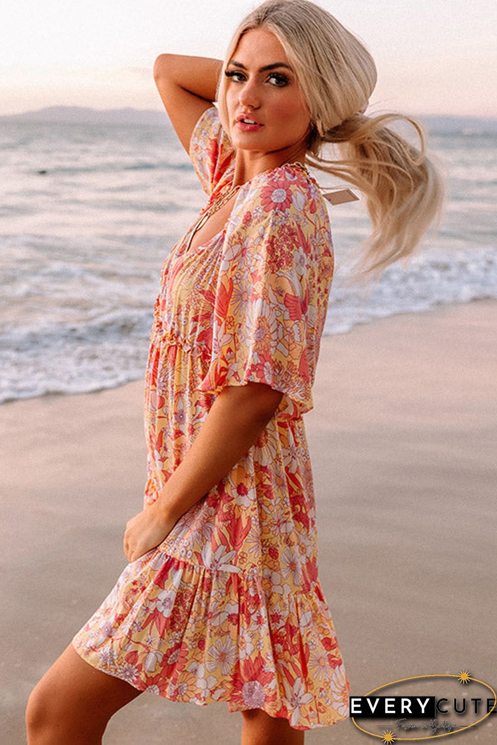 Orange Wide Flutter Sleeve Floral Dress