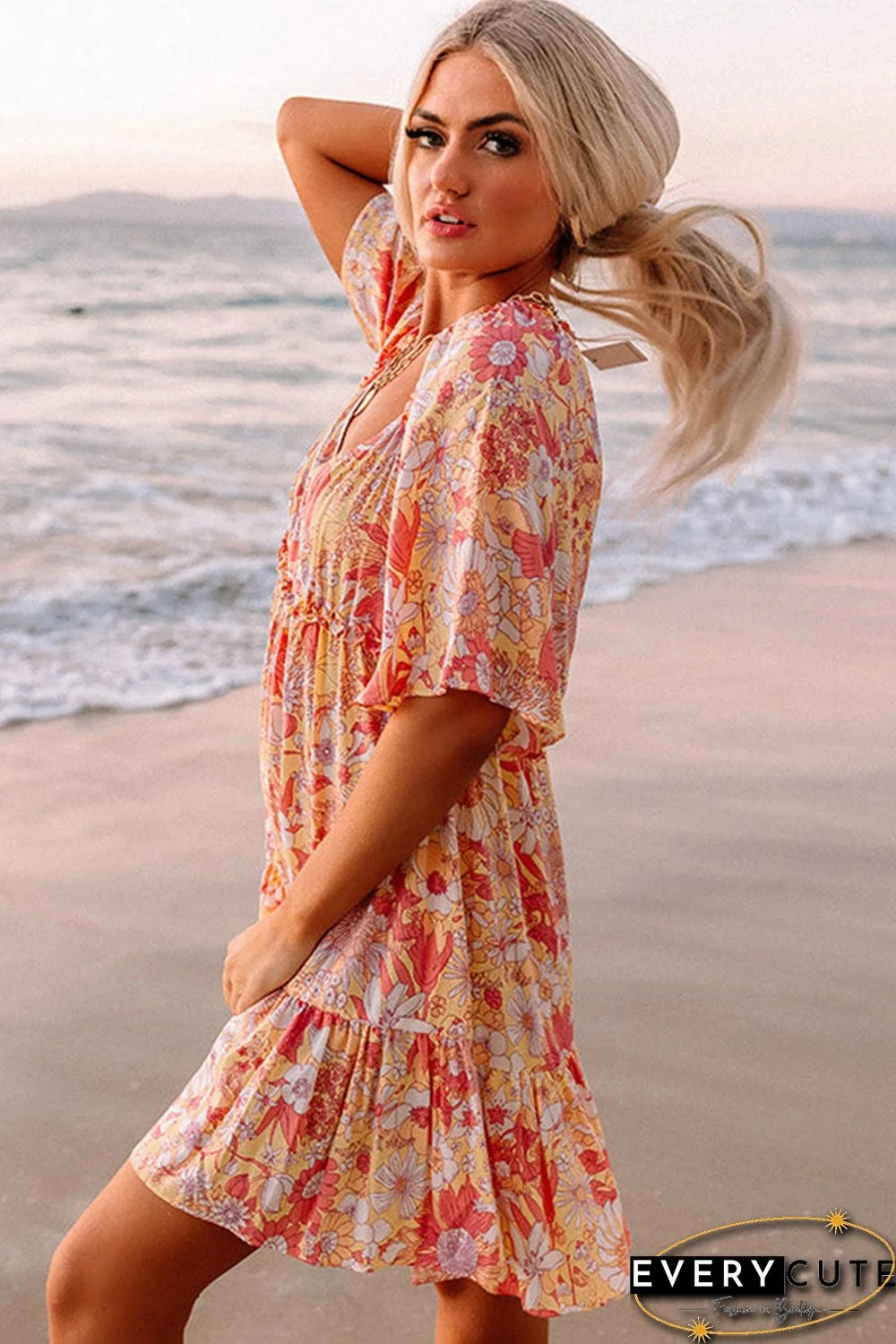 Orange Wide Flutter Sleeve Floral Dress