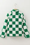 Women's Thick Green Contrasting Colors Snap Button Plaid Sherpa Jacket