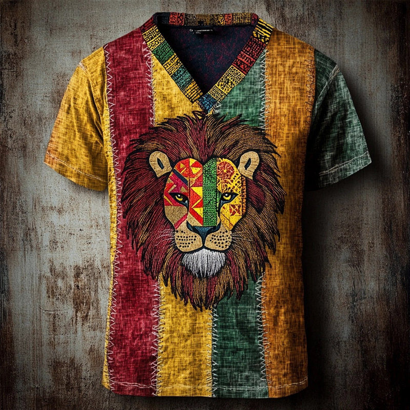 African Tribal Rasta Lion Embroidered V Neck Linen Shirt