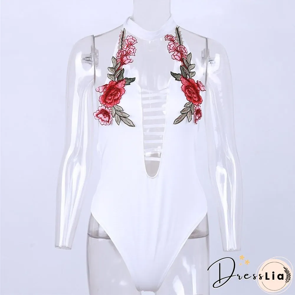Women's Rose Embroidery Backless Bodysuit High Waist Sexy Rompers