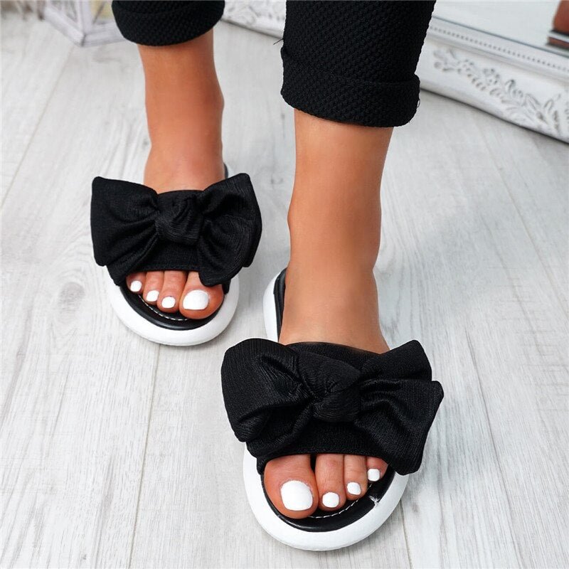 Women Sandals Slip On Sliders Peep Toe Ladies Bow Flats Casual Comfort Shoes Female 2019 Sandals Shoes Plus Size