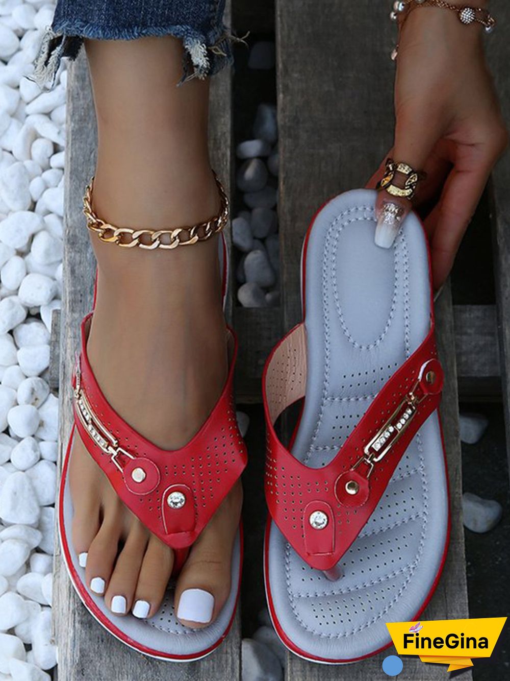Metal Rhinestone Slope Heel Flip-Flops