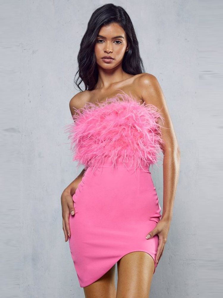 Vinaxco Sexy Strapless Feathers Mini Slim Dress Women Pink Feathers Patchwork Backless Badycon Mini Dress Evening Catwalk Party Dresses