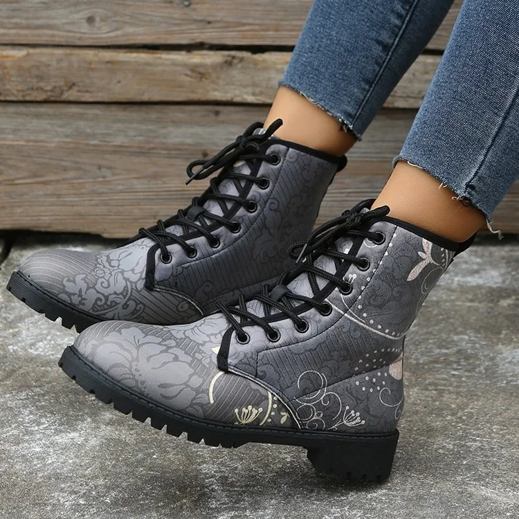 Qengg Women's Shoes Women's Winter 2021 Boots Shoes Women's Tooling Boots Skull and Flower Print High-top Boots 2022