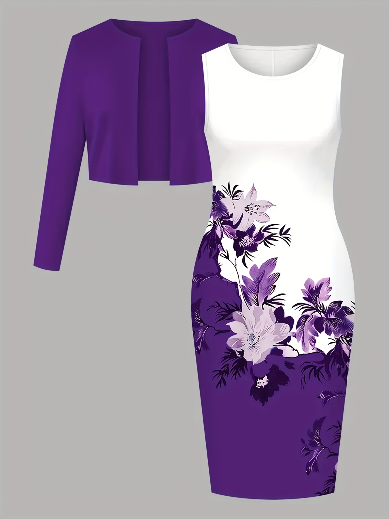 Women's Spring And Summer Casual And Elegant High Elasticity Solid Color Cardigan And Floral Print Dress 2pcs Set Fabric Comfortable | IFYHOME