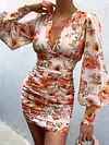 Deep V-Neck Flared Sleeves Ruffled Floral Mini Dress