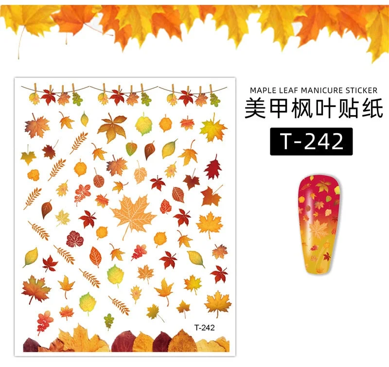 1pcs Fall Maple Leaves Nail Stickers 3D Yellow Gold Fall DIY Sliders Nail Art Decoration Autumn  Adhesive Manicure Nail Decals-Nail Inspo