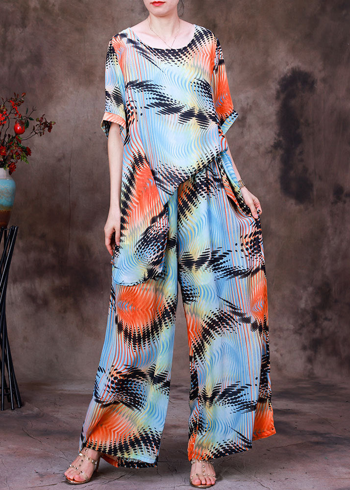 VCSHOES Loose Blue O-Neck Print Top And Wide Leg Pants Two Pieces Set Summer