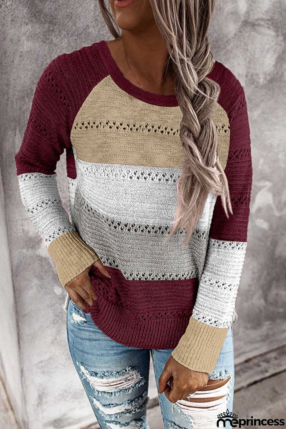Multi-color Knitted Color Block Long Sleeve Crew Neck Sweater