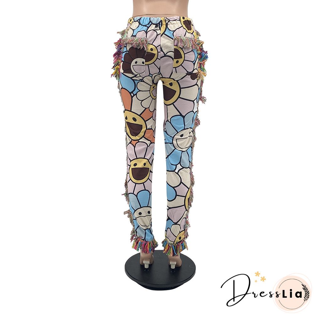 Side Tassels Patchwork Elastic Waist Women Print Jogger Pant