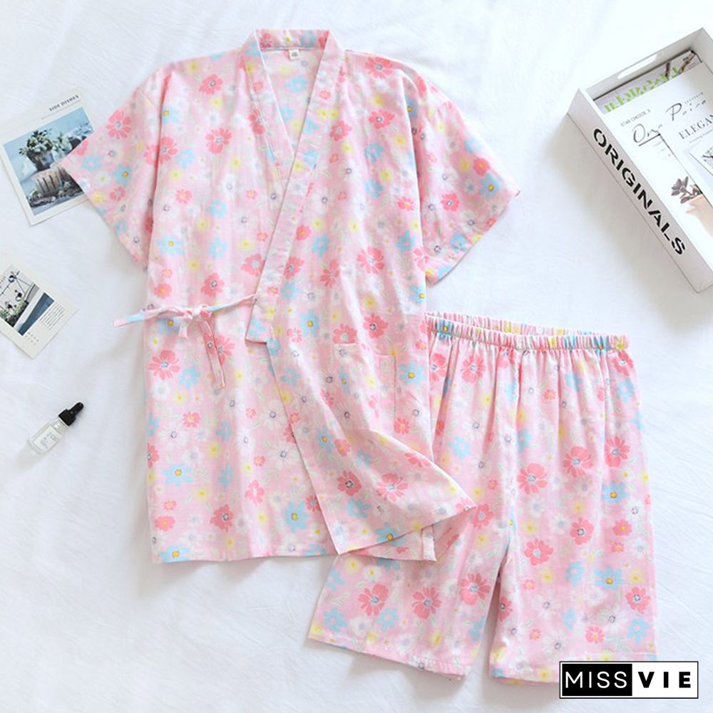 Floral Print Kimono Lace Up Pajamas Set