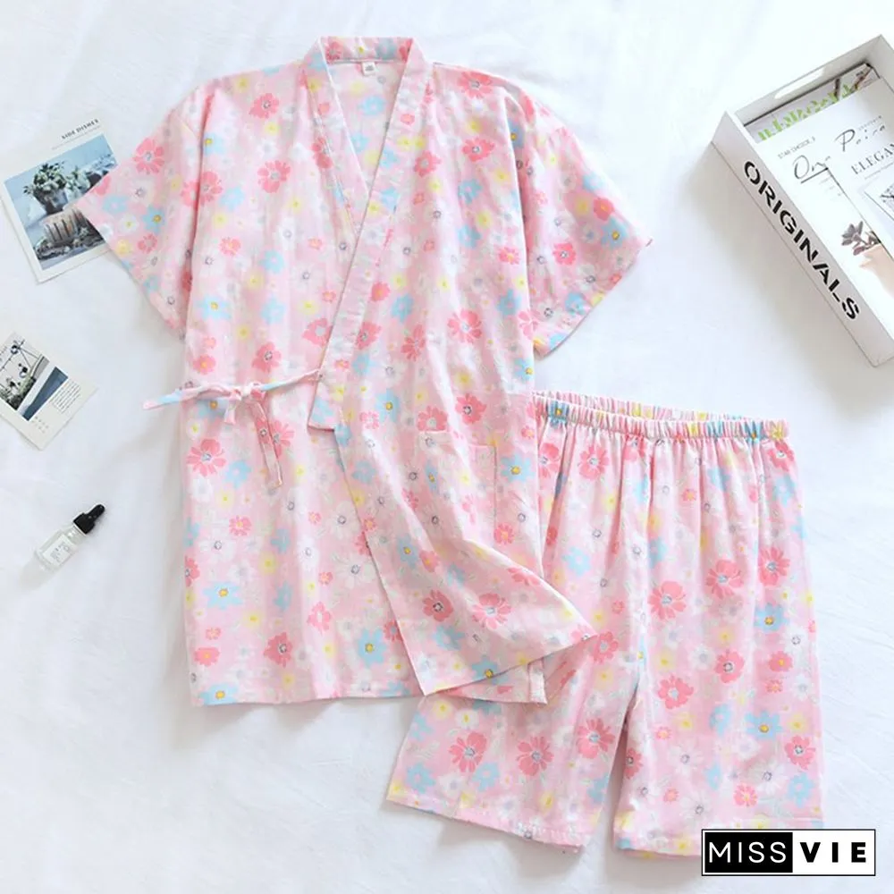Floral Print Kimono Lace Up Pajamas Set