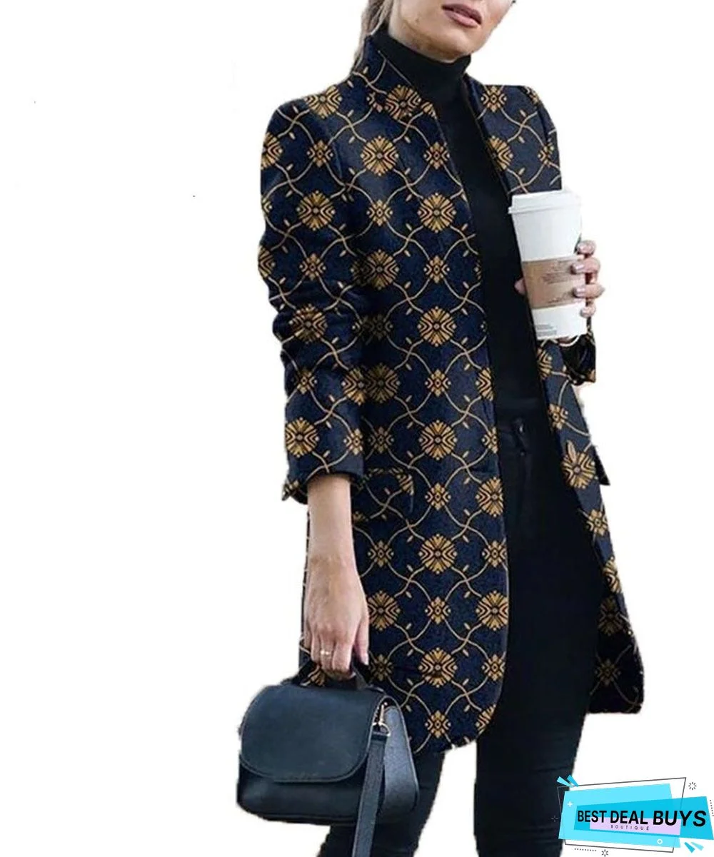 New Autumn and Winter Fashion Print Collar Woolen Coat Women