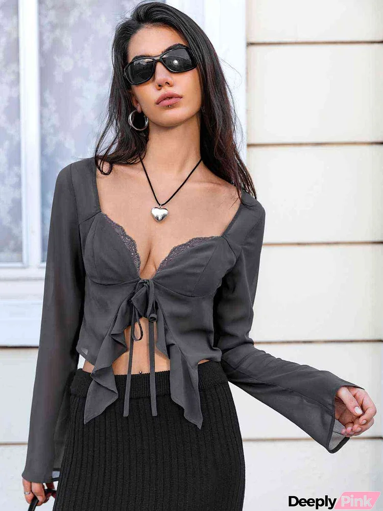 Tie Front Sweetheart Neck Blouses