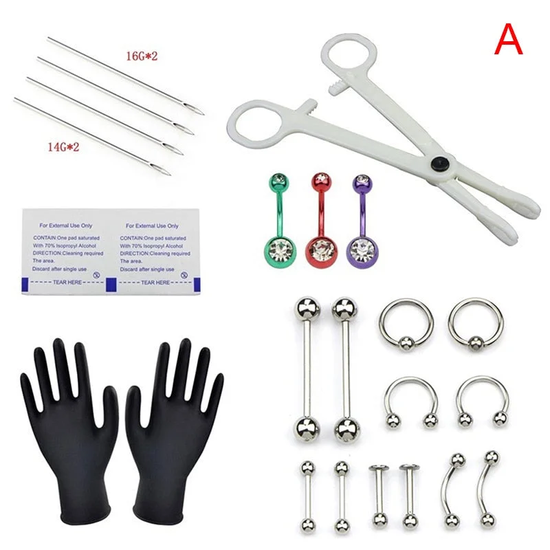 Body Piercing Kit With Needle Pack Nose Septum Belly Button Piercing Tool Kit Ear Tragus Nipple Eyebrow Labret Pircing Set Clamp