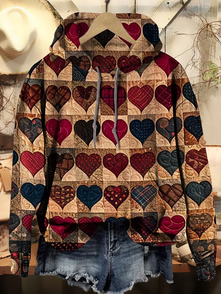 Women's Vintage Heart Collage Art Print Casual Hooded Sweatshirt