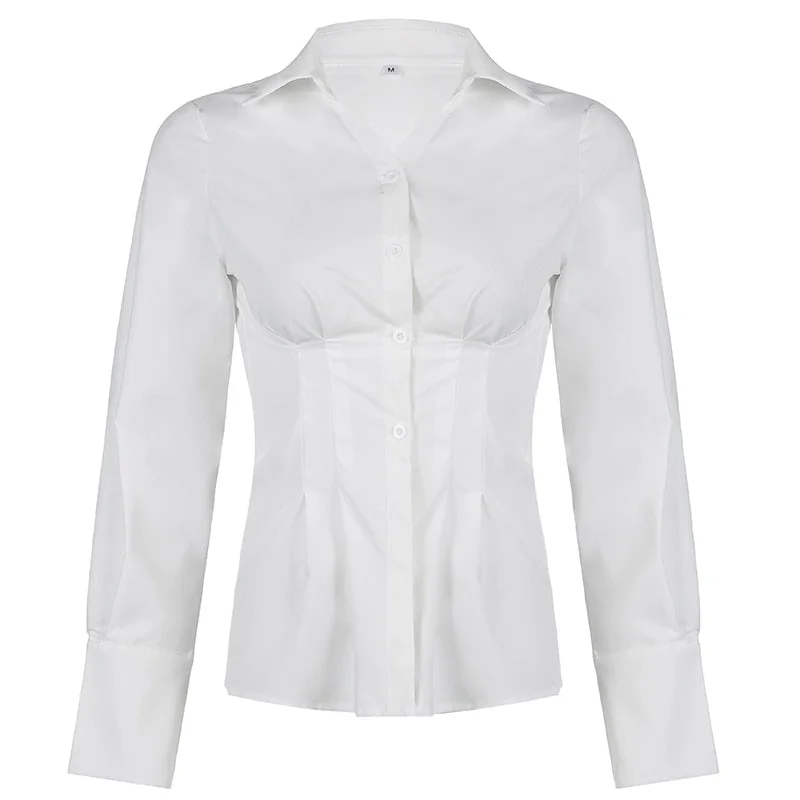 Rapcopter Y2K Button Crop Top Ruched Full Sleeve T Shirt Turn Down Collar Retro Elegant Cardigans Women Corset Tee Korean New