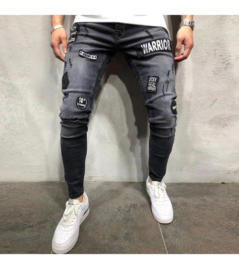 Letter Applique Design Men Skinny Jeans S-3XL