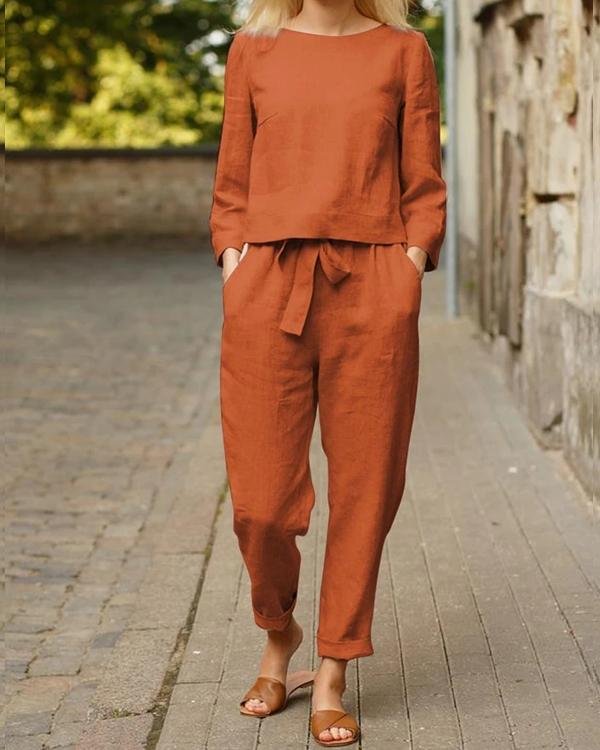 Autumn Solid Color Top And Tie Trousers Suit - Chicaggo