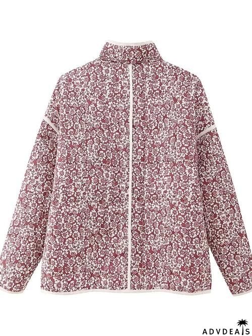 Floral Open Front Puffer Jacket with Pockets