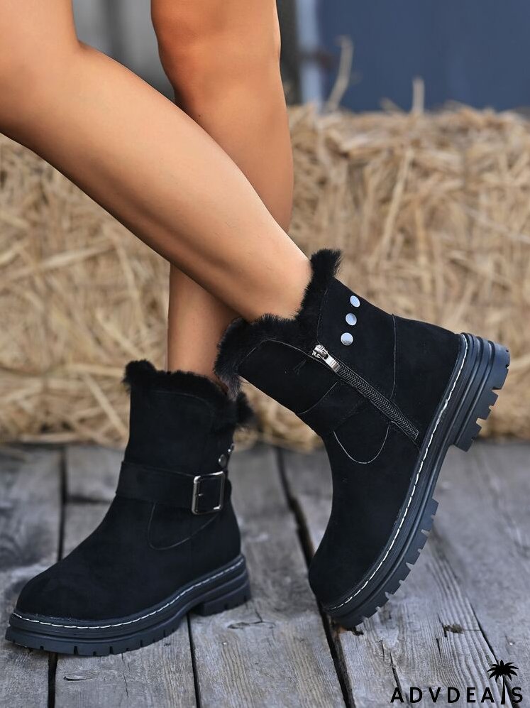 Buckle Decor Faux Suede Zip Side Snow Boots