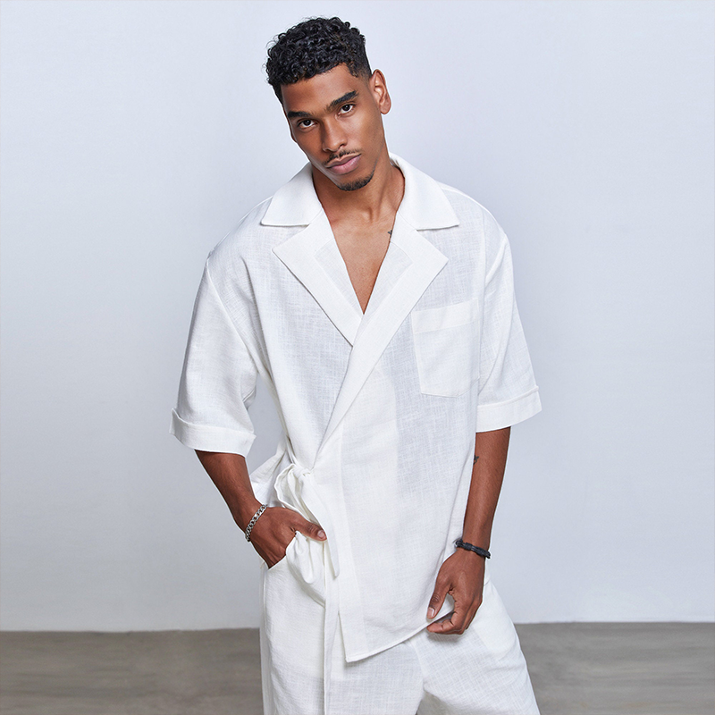 Men's Linen Kimono relaxed camp collar tie side shirt in white