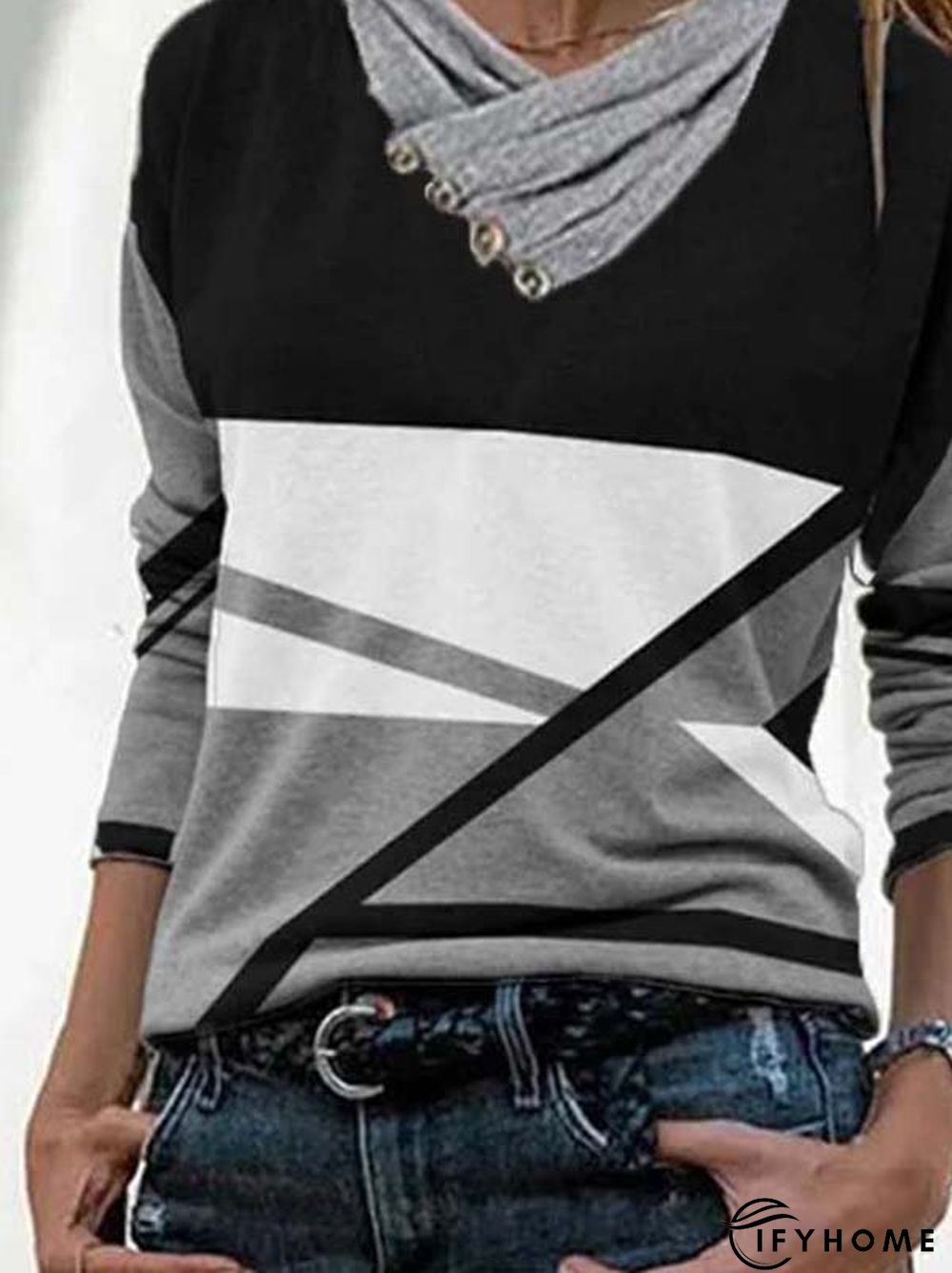 Cowl Neck Long Sleeve Color Block Casual T-shirt | IFYHOME