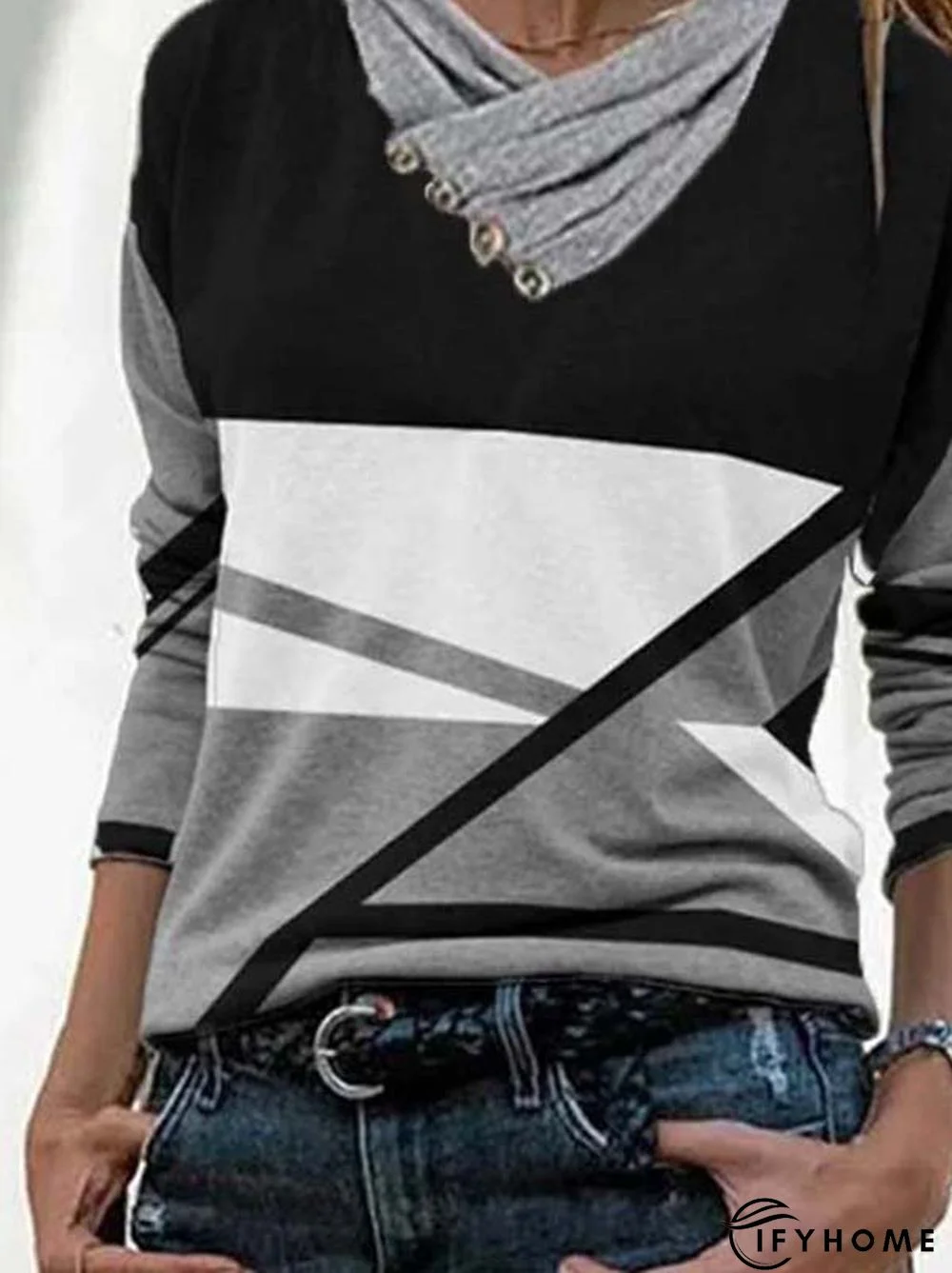 Cowl Neck Long Sleeve Color Block Casual T-shirt | IFYHOME