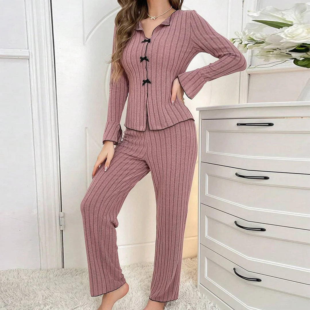 Uveng Pajamas Women Simple Fashion Collar Casual Bow Long Sleeve Trousers Homewear Suit Women