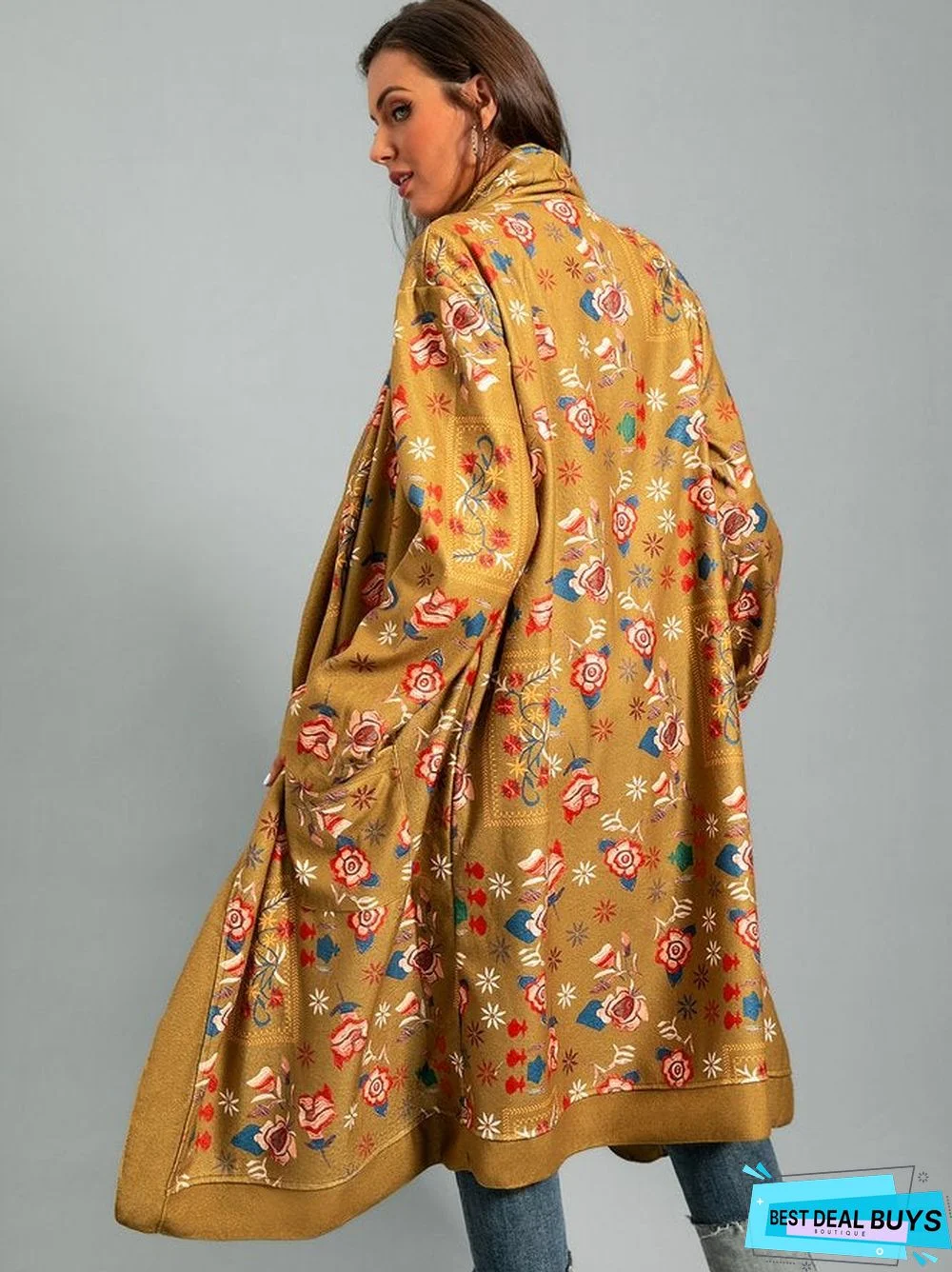 Tribal Long Sleeve Shift Shawl Collar Outerwear