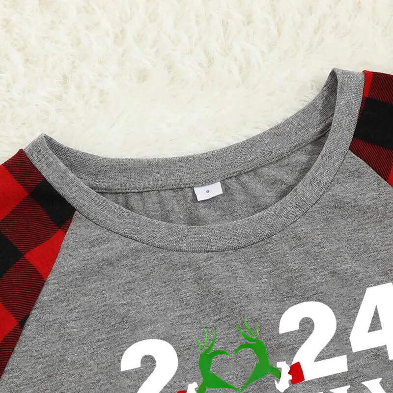 "2024 Family Christmas" Quirky Heart Letter Print Black & Red Plaid Family Matching Grey Pajamas With Dog bandana