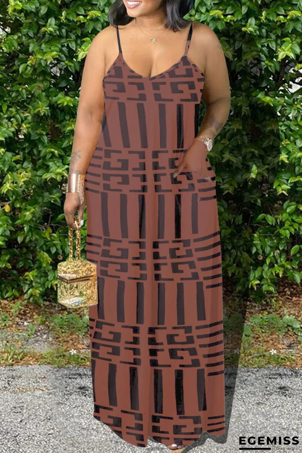 Brown Sexy Print Patchwork Spaghetti Strap Sling Dress Dresses | EGEMISS