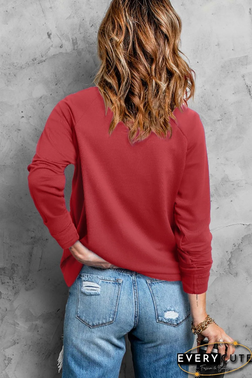 Red I Love Valentine Heart Flocking Pullover Sweatshirt