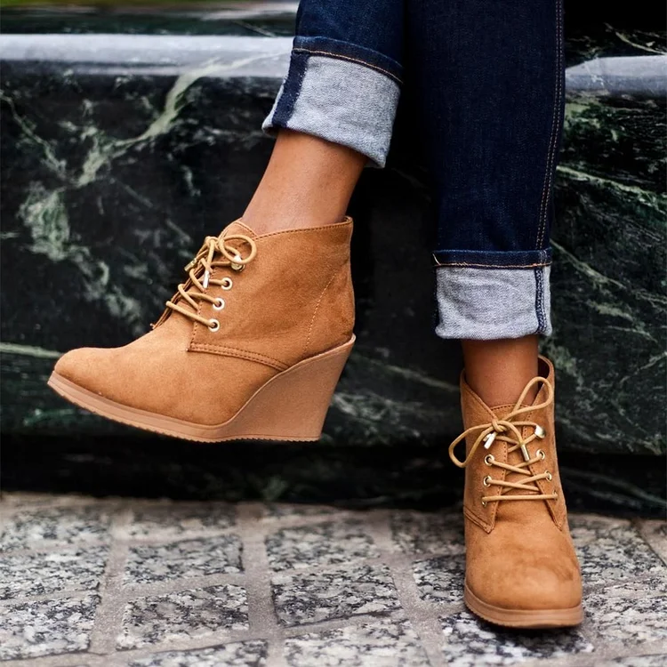 Tan Almond Toe Wedge Booties Lace Up Ankle Boots |FSJ Shoes