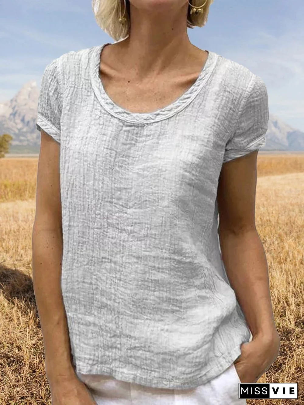 Women Casual Linen Cotton Plain Short Sleeve Blouses