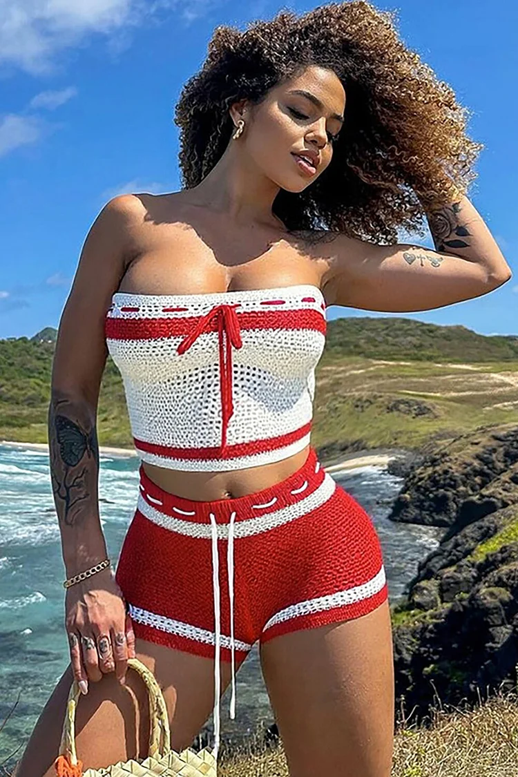 Knit Strapless Tie Up Crop Top Colorblock Shorts Matching Set-Red