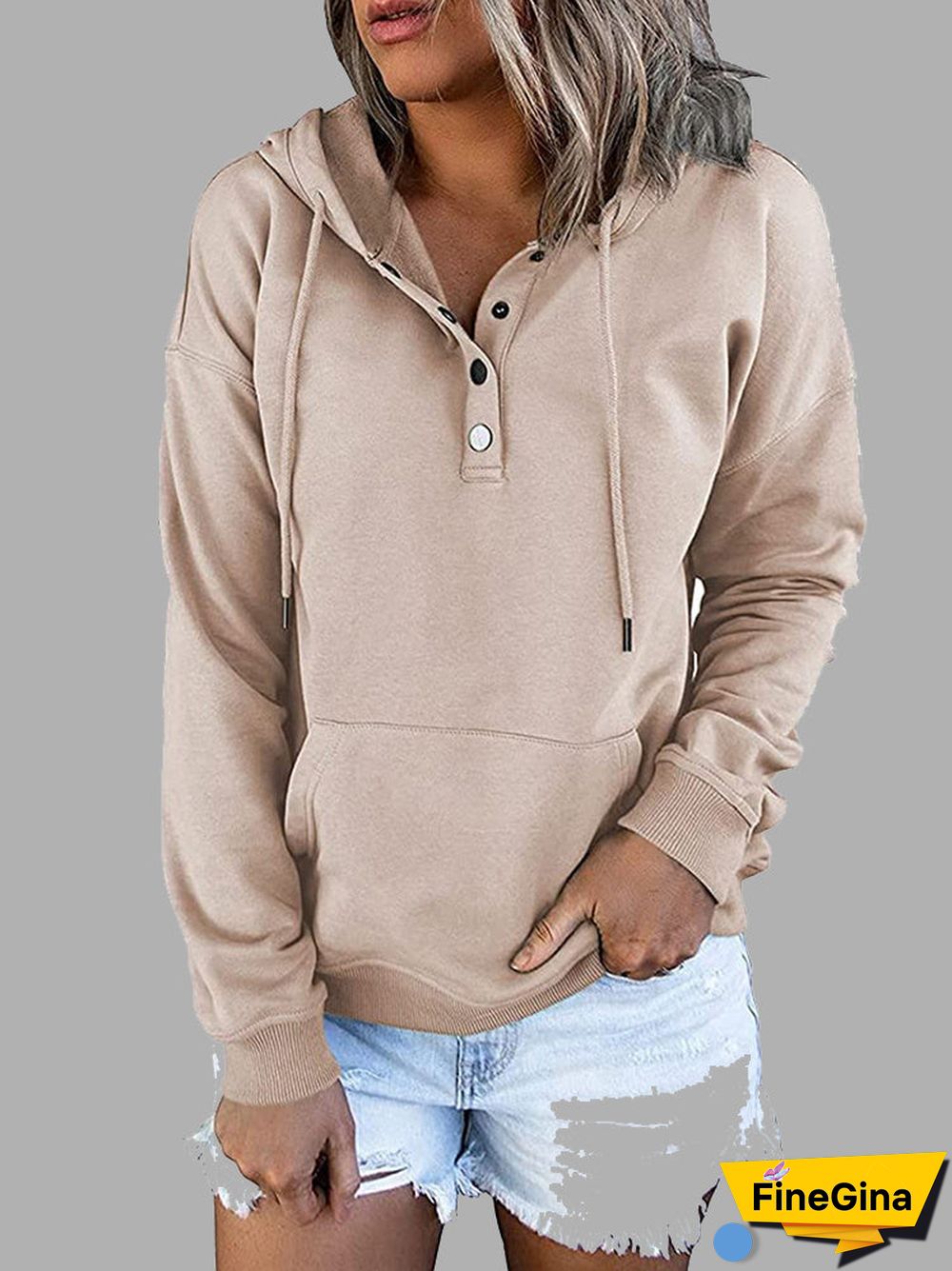Women's Button Solid Color V-neck Long Sleeve Top
