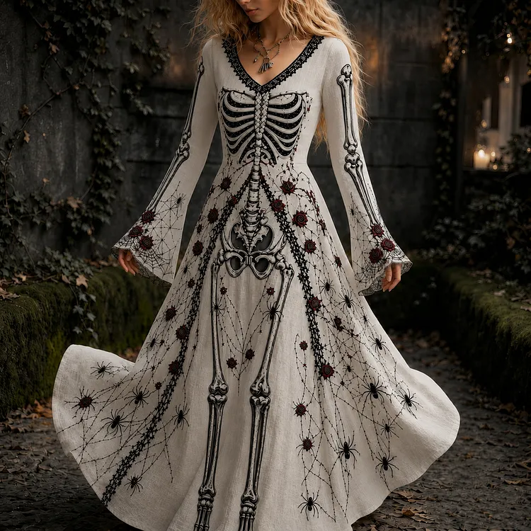 Women's Vintage Halloween Gothic Skeleton Roses Art Print Long Sleeve Linen Maxi Dress