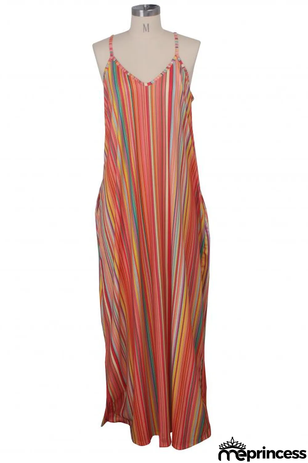 Green Polyester Sexy Fashion Tank Sleeveless Slip A-Line Floor-Length Print asymmetrical Striped Patchwork