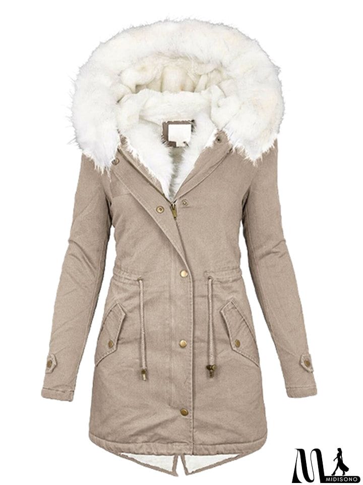 MidiSono - Female Thick Warm Plush Mid Length Hooded Coats