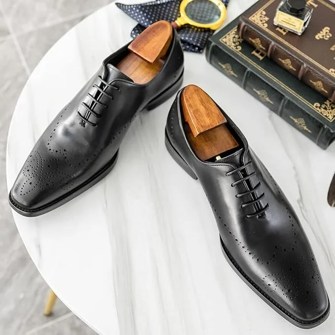 Men's Elegant Black Leather Lace-Up Brogue Dress Shoes