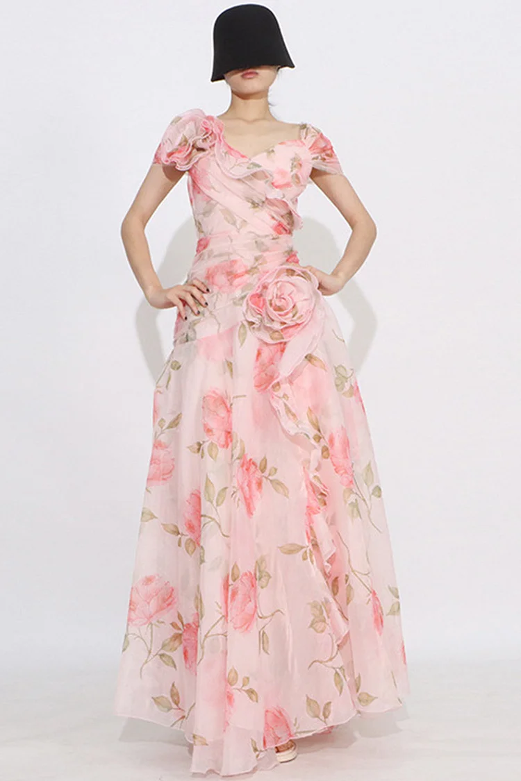 Floral Print Ruffle Mesh Maxi Dress-Pink