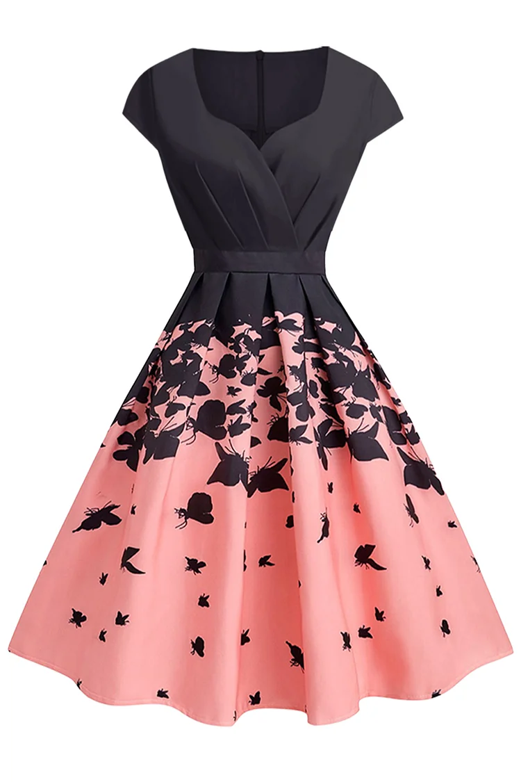 1950s Pink Party Chest Cross Butterfly Print Flare Swing Midi Dress [In Stock]