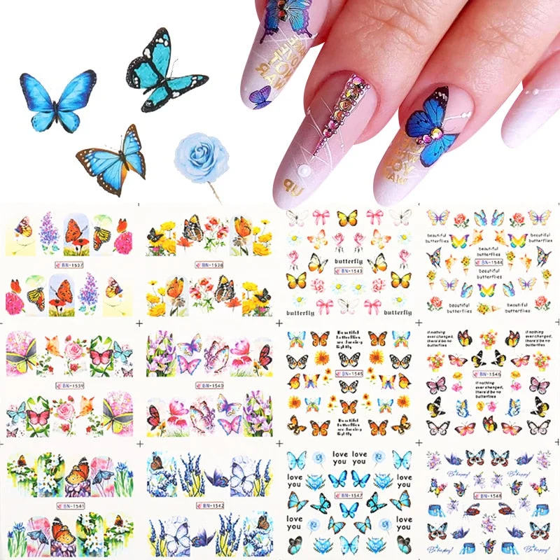 12 Designs Nail Stickers Set Mixed Floral Geometric Nail Art Water Transfer Decals Sliders Flower Leaves Manicures Decoration-Nail Inspo
