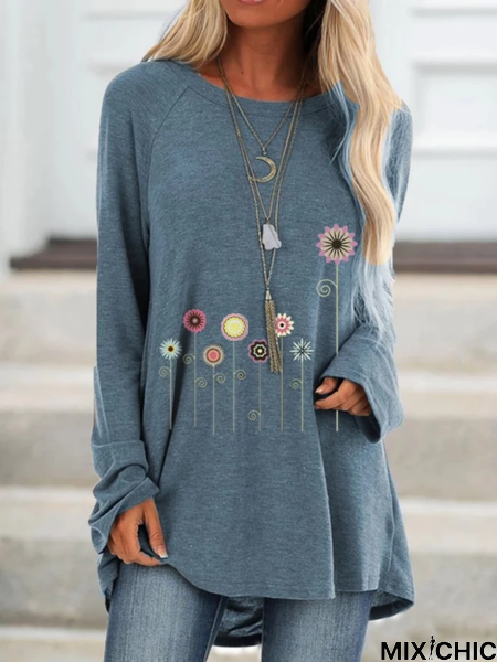 Woman Casual Floral Crew Neck Long Sleeve Top