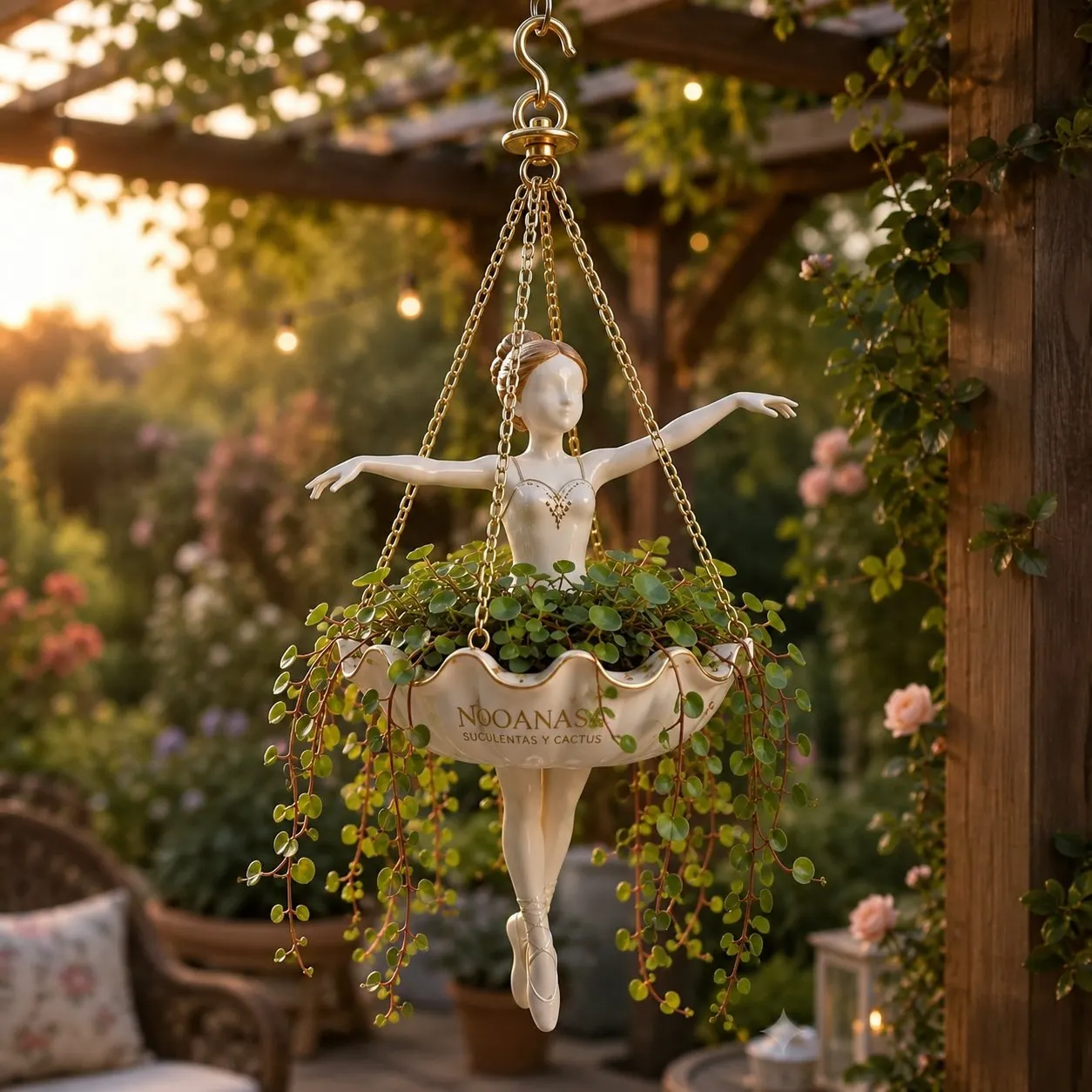 Ballerina hanging planter with trailing greenery in a garden patio