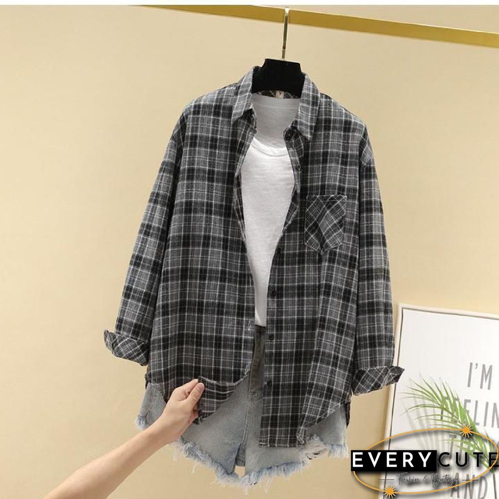 Oversize Women'S Plaid Shirt Jackets Long Sleeve Ladies Tops Outwear Spring Autumn Loose Women Blends Check Buttons Coats